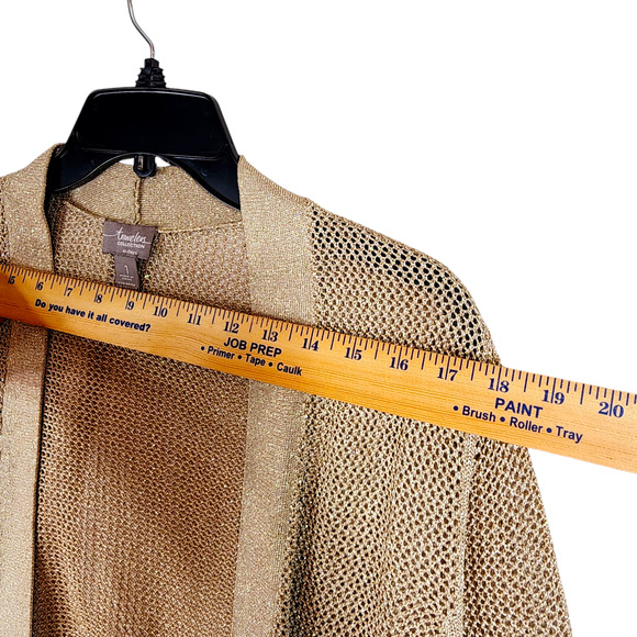 Chicos 1 M Womens Metallic Mesh Cardigan Sweater Gold Open Front Pockets Holiday - Picture 4 of 10